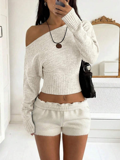 Off Shoulder Knit Sweater – Sexy – Cropped Autumn Pullover