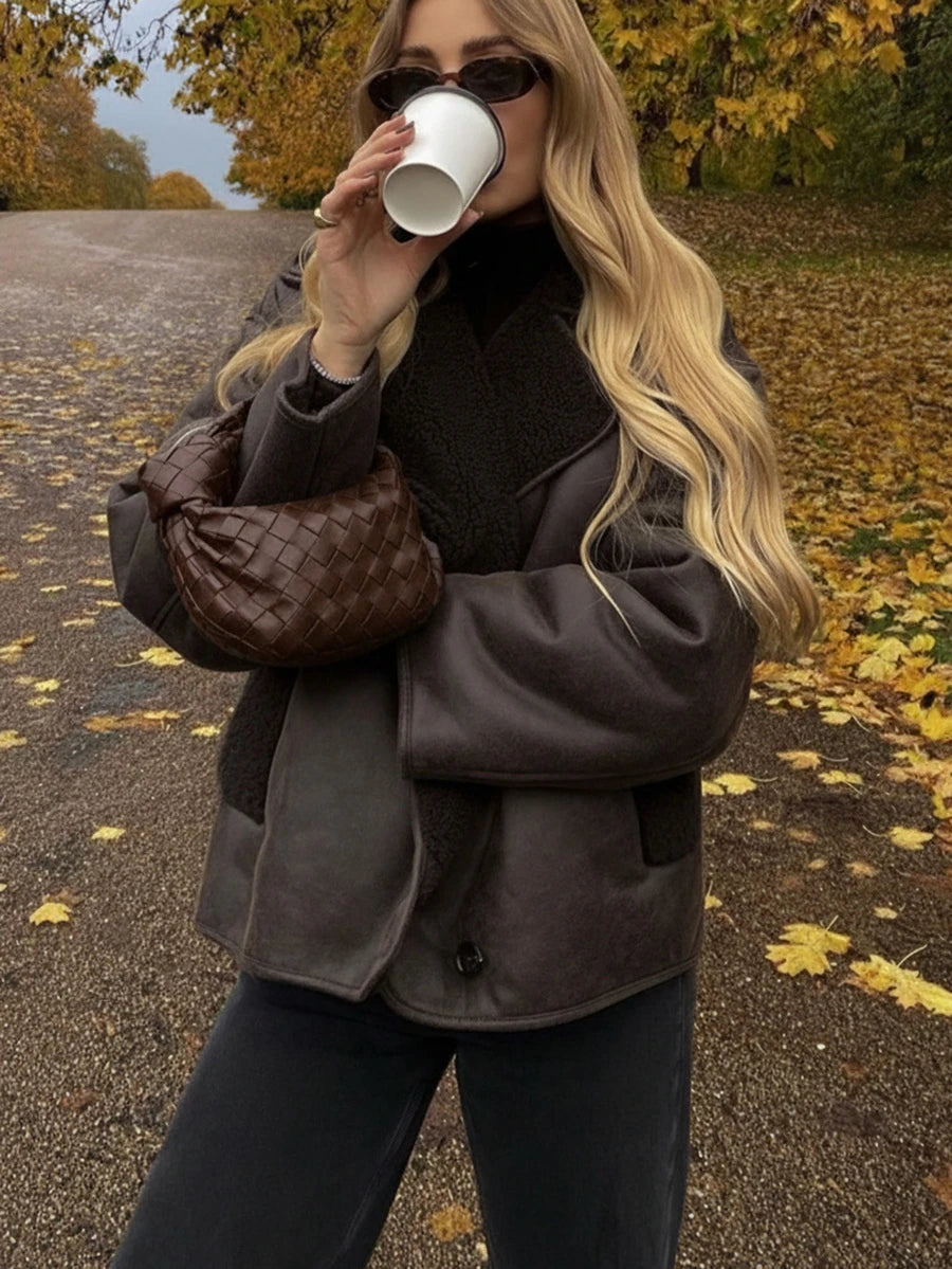 Women Faux Fur Lined Winter Jacket – Coffee Brown – Loose Fit Casual Coat