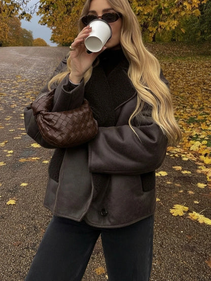 Women Faux Fur Lined Winter Jacket – Coffee Brown – Loose Fit Casual Coat