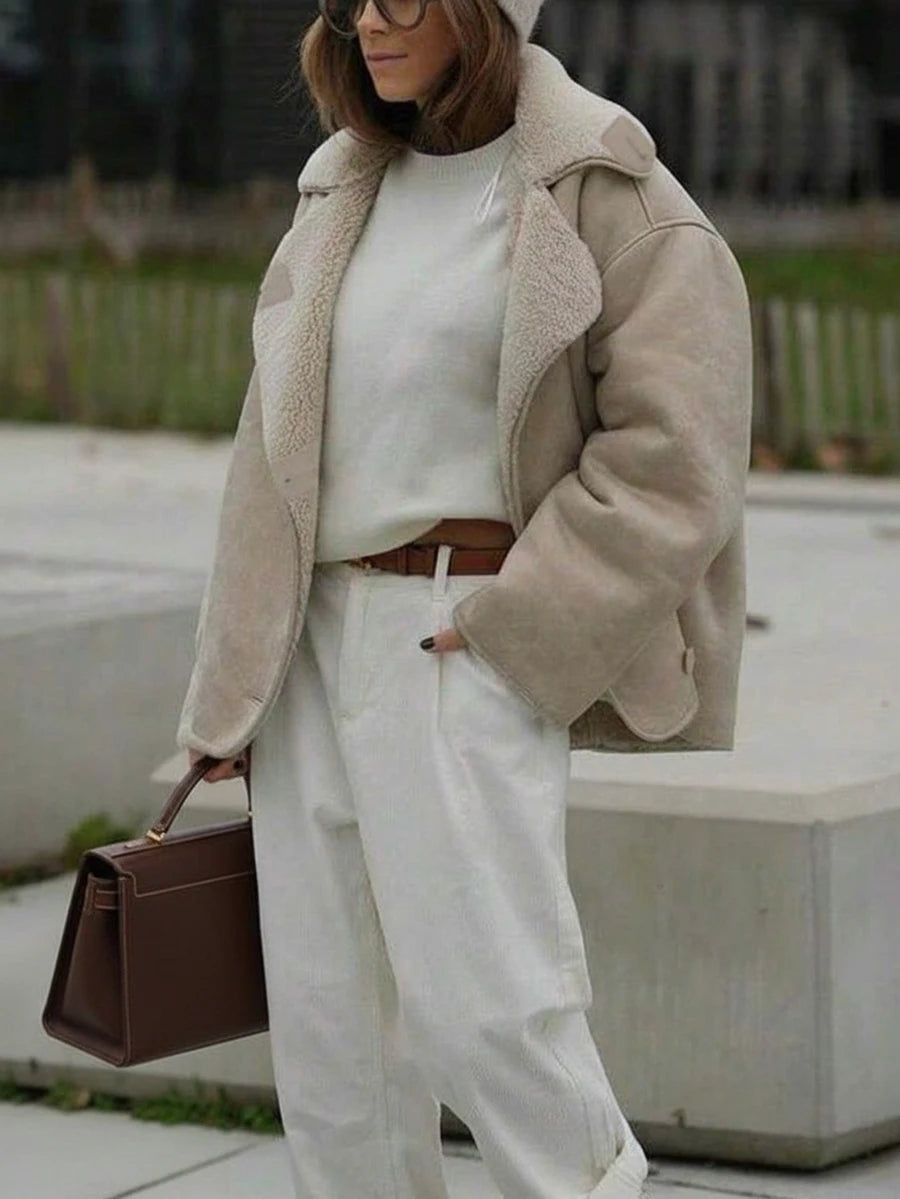Women Faux Fur Lined Winter Jacket – Coffee Brown – Loose Fit Casual Coat