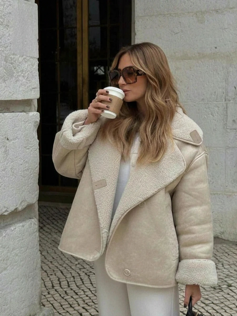 Women Faux Fur Lined Winter Jacket – Coffee Brown – Loose Fit Casual Coat