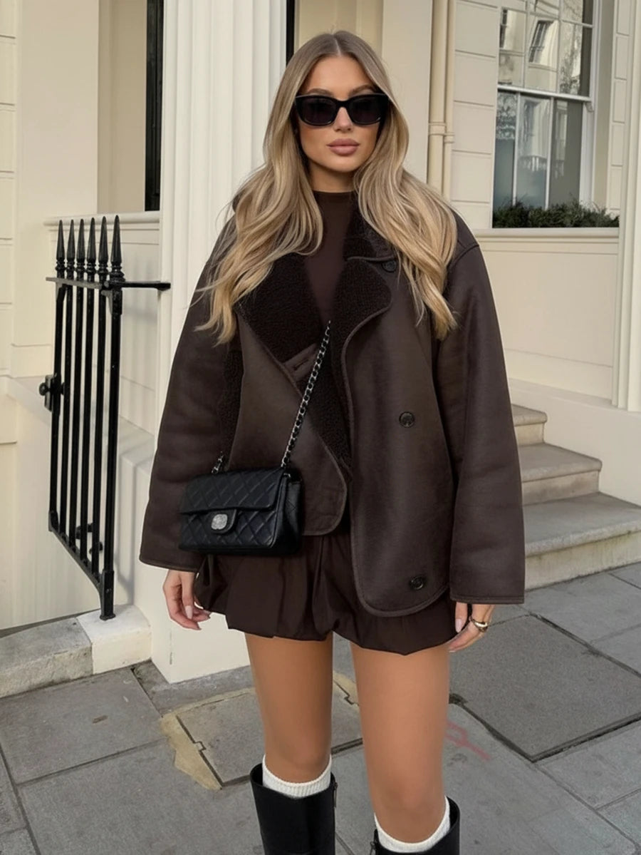 Women Faux Fur Lined Winter Jacket – Coffee Brown – Loose Fit Casual Coat