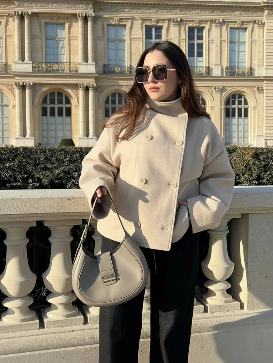 Women Double Breasted Coat Black – Funnel Neck Oversized Jacket – Casual Winter Style