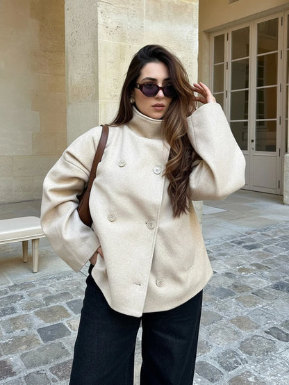 Women Double Breasted Coat Black – Funnel Neck Oversized Jacket – Casual Winter Style