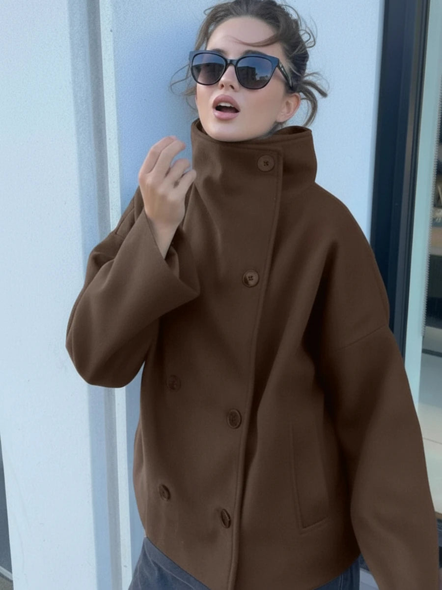 Women Double Breasted Coat Black – Funnel Neck Oversized Jacket – Casual Winter Style