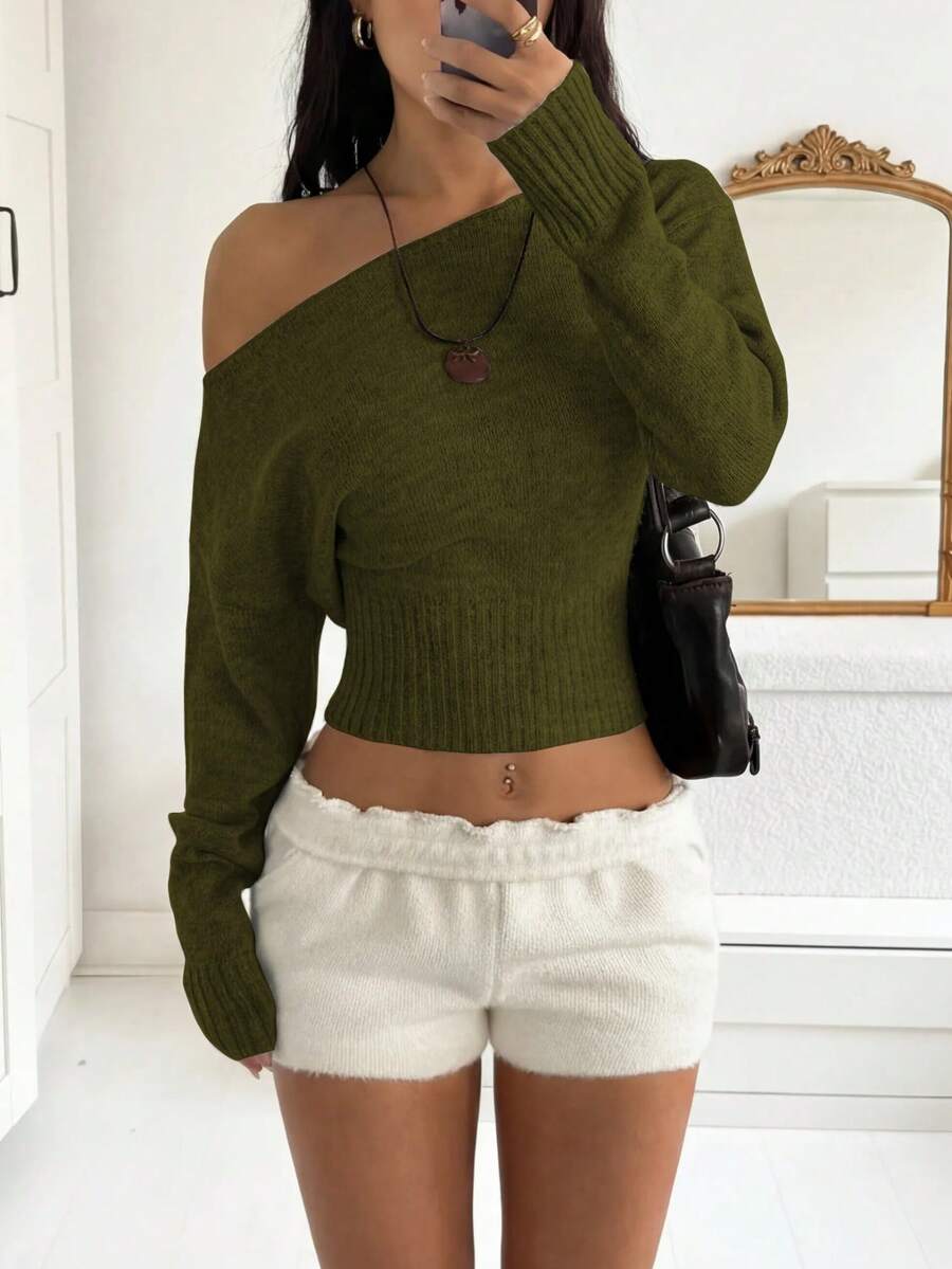 Off Shoulder Knit Sweater – Sexy – Cropped Autumn Pullover