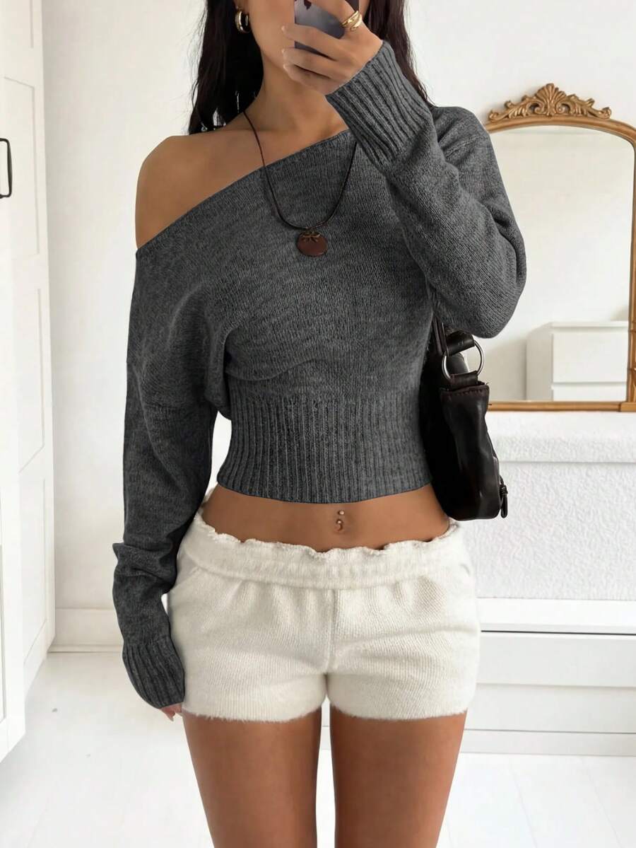 Off Shoulder Knit Sweater – Sexy – Cropped Autumn Pullover