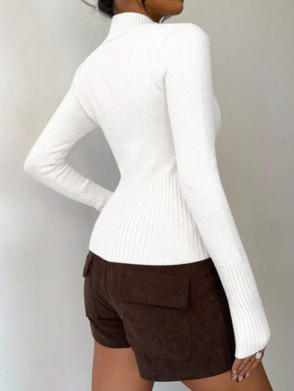 Women Ribbed Zip Neck Sweater – Slim Fit Long Sleeve – Yellow Casual Knit
