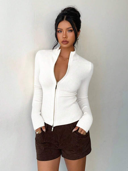 Women Ribbed Zip Neck Sweater – Slim Fit Long Sleeve – Yellow Casual Knit