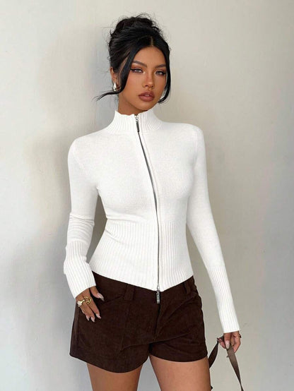 Women Ribbed Zip Neck Sweater – Slim Fit Long Sleeve – Yellow Casual Knit