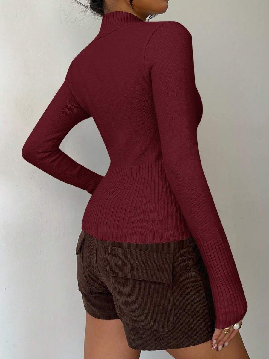 Women Ribbed Zip Neck Sweater – Slim Fit Long Sleeve – Yellow Casual Knit