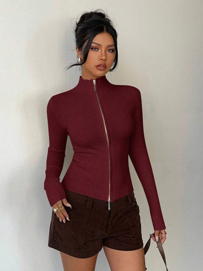 Women Ribbed Zip Neck Sweater – Slim Fit Long Sleeve – Yellow Casual Knit