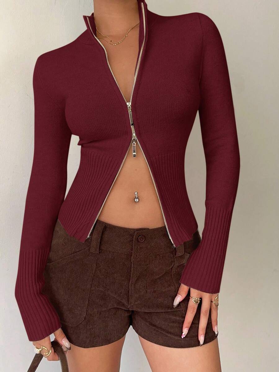 Women Ribbed Zip Neck Sweater – Slim Fit Long Sleeve – Yellow Casual Knit