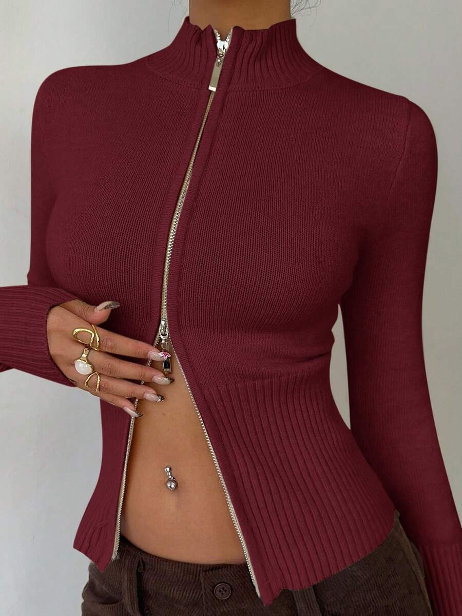 Women Ribbed Zip Neck Sweater – Slim Fit Long Sleeve – Yellow Casual Knit