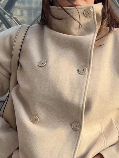Women Double Breasted Coat Black – Funnel Neck Oversized Jacket – Casual Winter Style