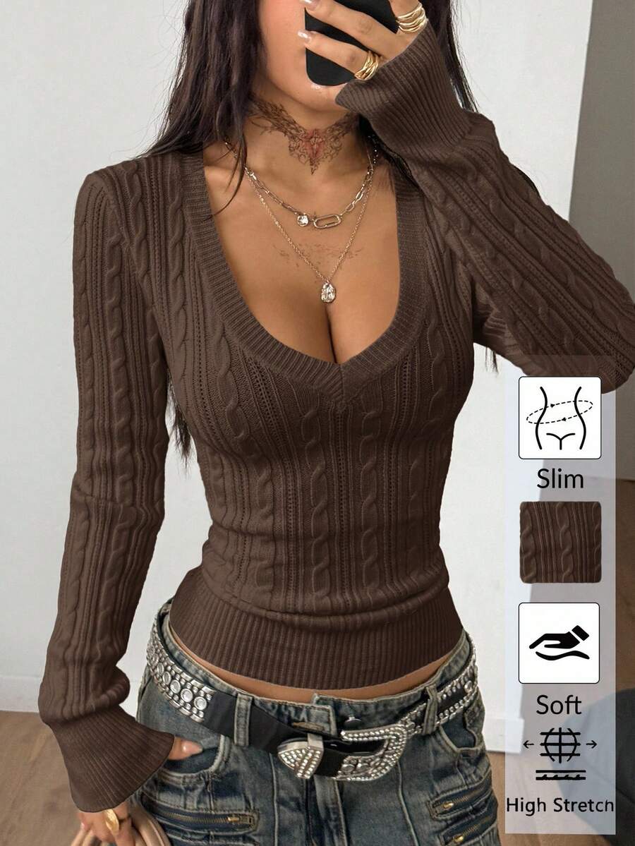 Vintage Ribbed Scoop Neck Sweater – Autumn / Winter – Y2K Knit Pullover