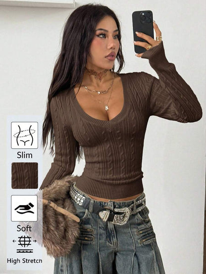 Vintage Ribbed Scoop Neck Sweater – Autumn / Winter – Y2K Knit Pullover