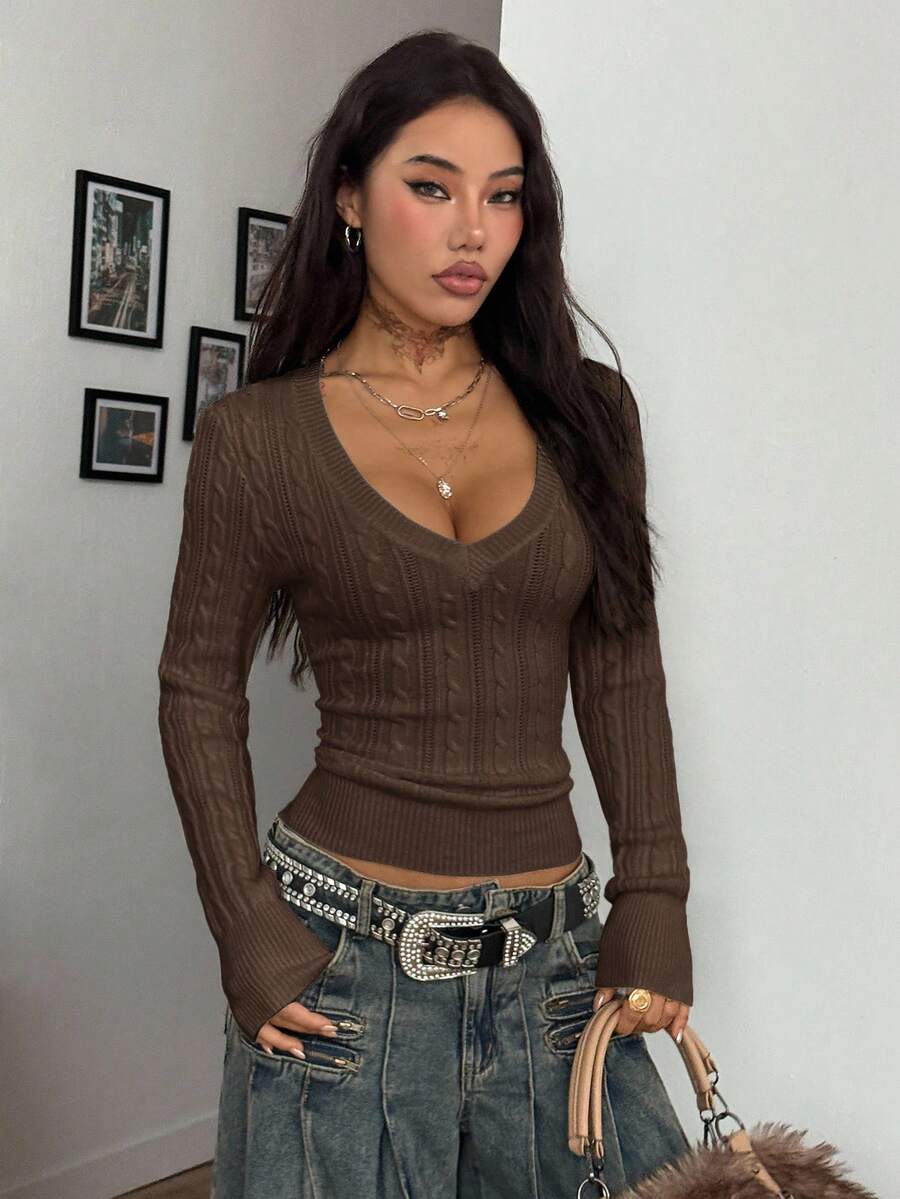 Vintage Ribbed Scoop Neck Sweater – Autumn / Winter – Y2K Knit Pullover