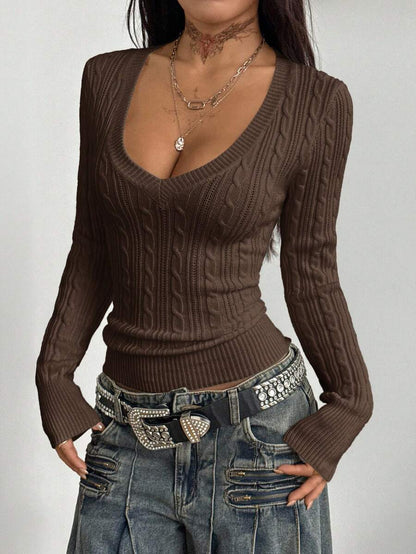 Vintage Ribbed Scoop Neck Sweater – Autumn / Winter – Y2K Knit Pullover