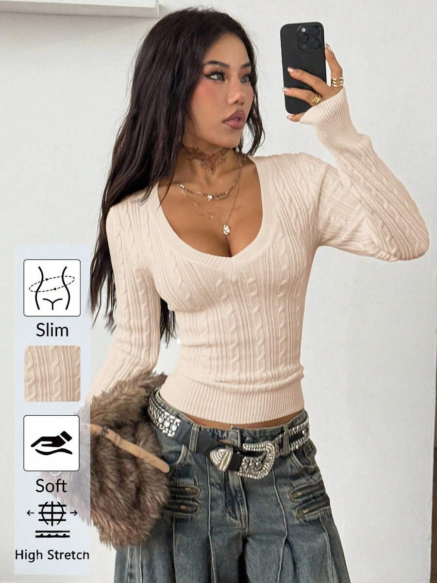 Vintage Ribbed Scoop Neck Sweater – Autumn / Winter – Y2K Knit Pullover