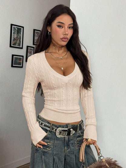 Vintage Ribbed Scoop Neck Sweater – Autumn / Winter – Y2K Knit Pullover
