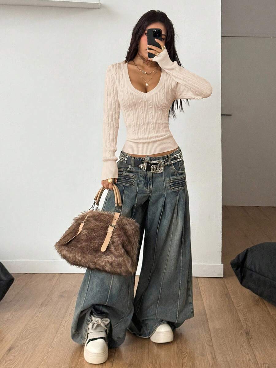 Vintage Ribbed Scoop Neck Sweater – Autumn / Winter – Y2K Knit Pullover