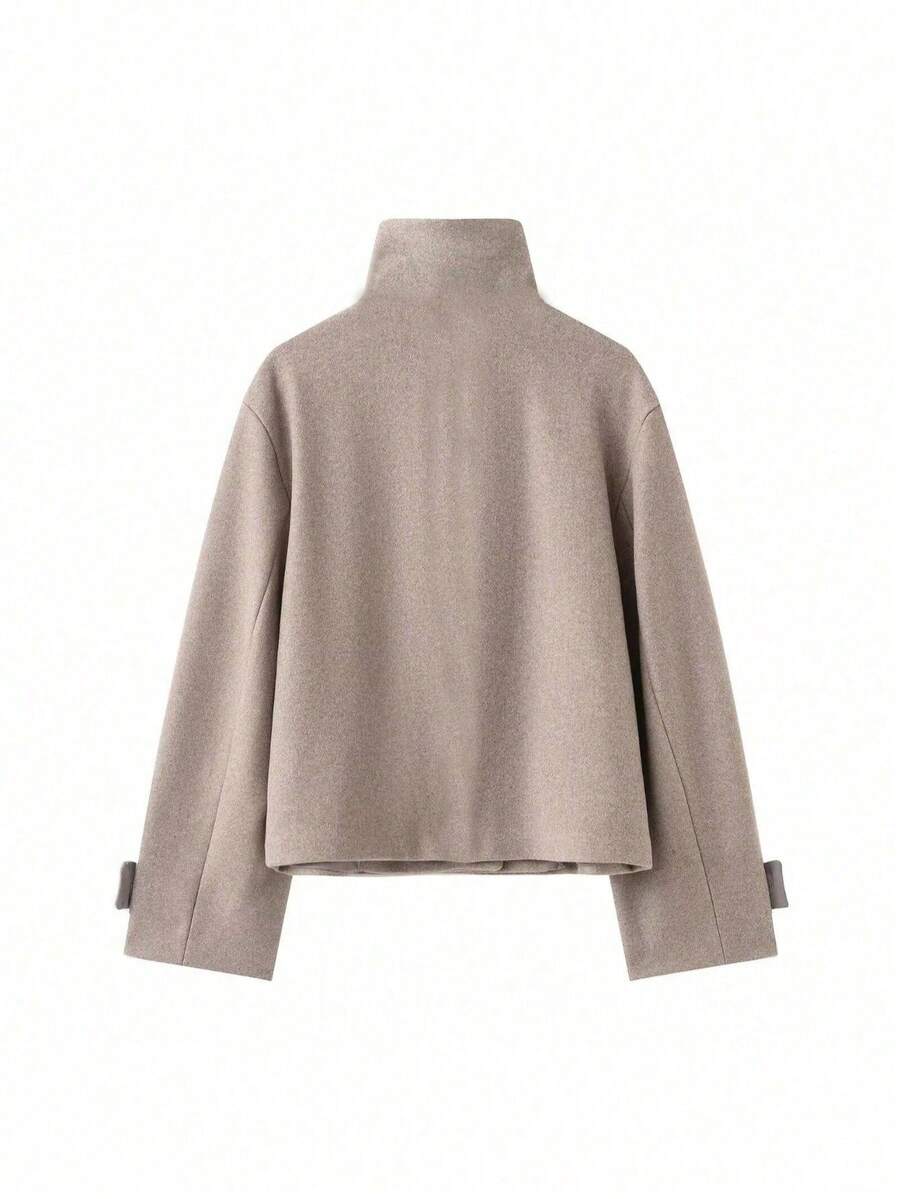 Women Short Jacket Khaki – Minimalist Button Coat – Casual Structured Fit