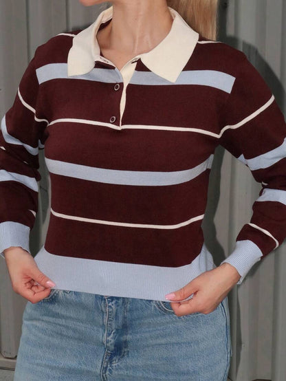 Women Striped Polo Knit Sweater – Slim Fit Pullover – Contrast Long Sleeve