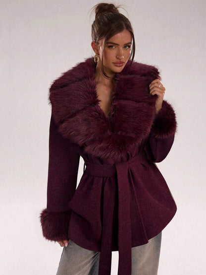 Faux Fur Patchwork Overcoat – Women's Belted Winter Wrap Coat – Coffee Brown