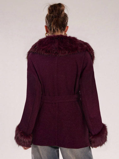 Faux Fur Patchwork Overcoat – Women's Belted Winter Wrap Coat – Coffee Brown