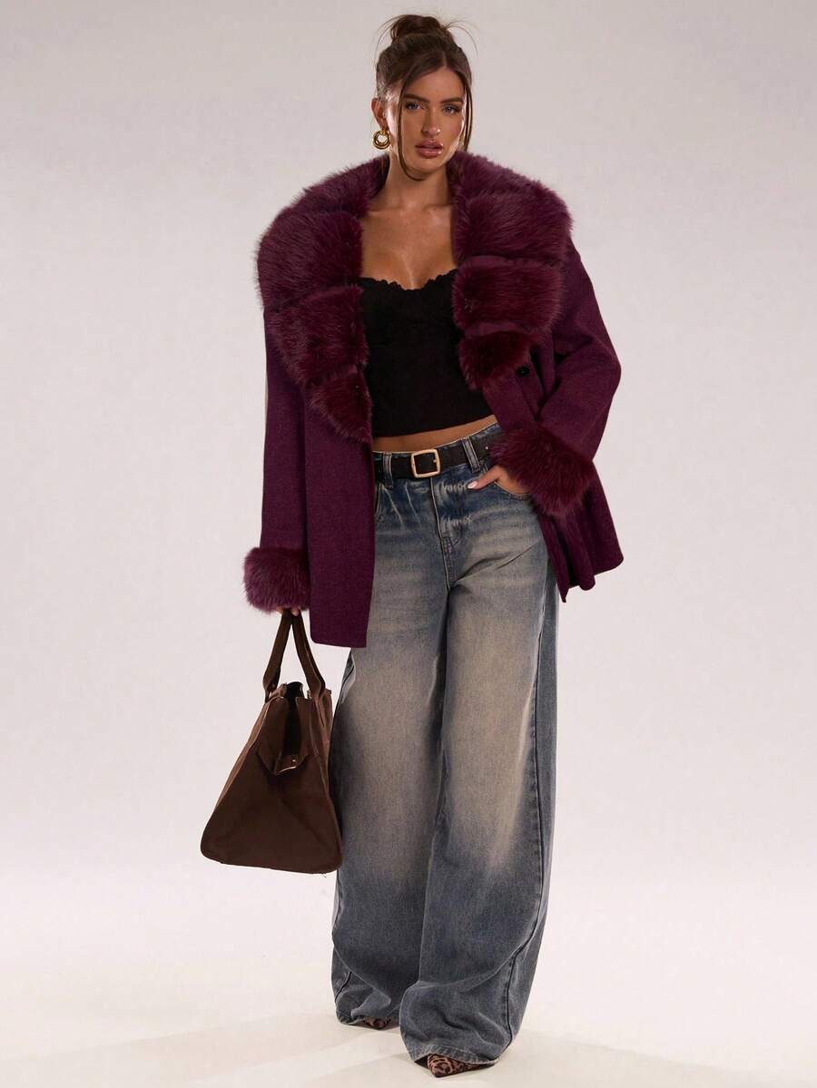 Faux Fur Patchwork Overcoat – Women's Belted Winter Wrap Coat – Coffee Brown