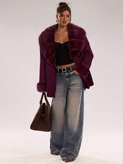 Faux Fur Patchwork Overcoat – Women's Belted Winter Wrap Coat – Coffee Brown