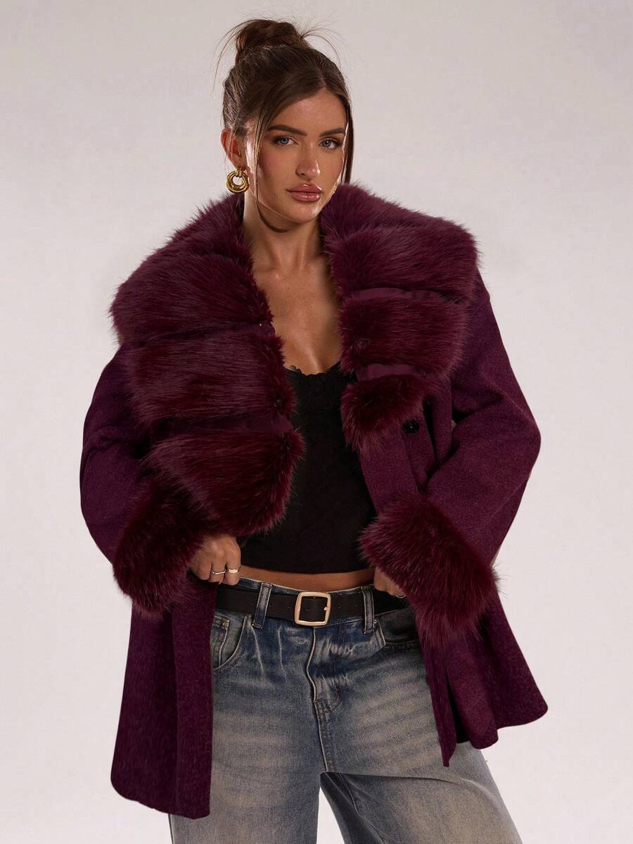 Faux Fur Patchwork Overcoat – Women's Belted Winter Wrap Coat – Coffee Brown