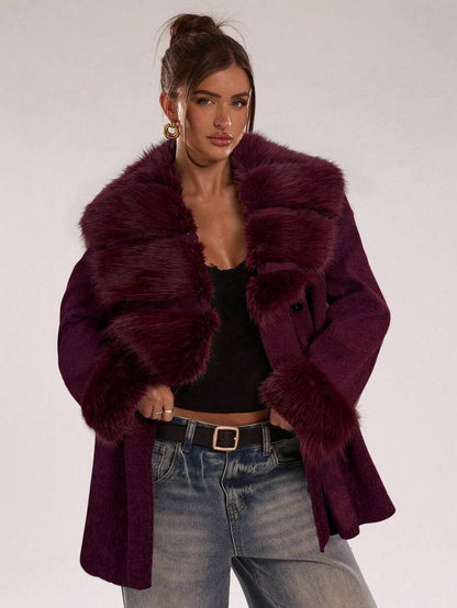 Faux Fur Patchwork Overcoat – Women's Belted Winter Wrap Coat – Coffee Brown