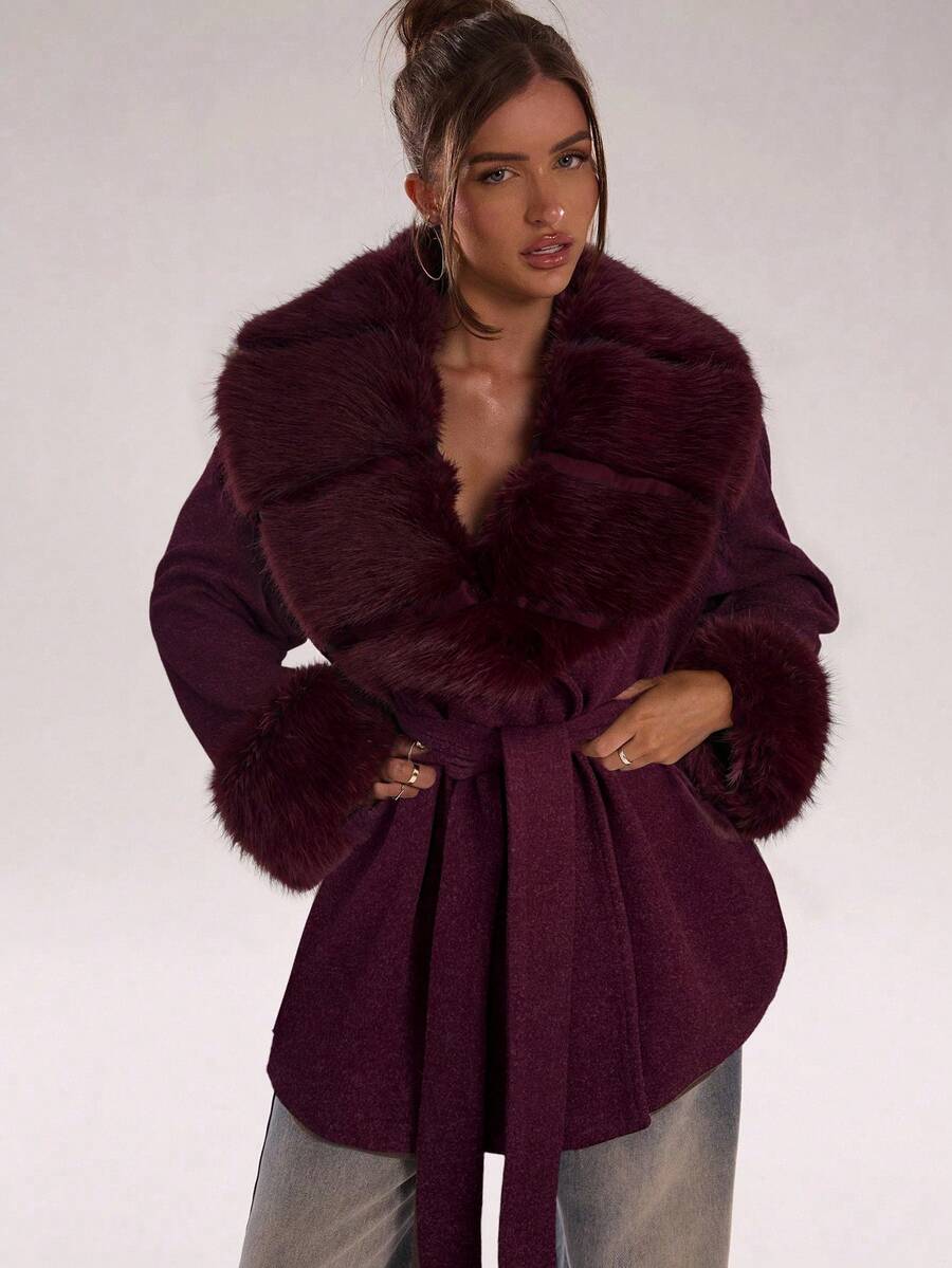 Faux Fur Patchwork Overcoat – Women's Belted Winter Wrap Coat – Coffee Brown