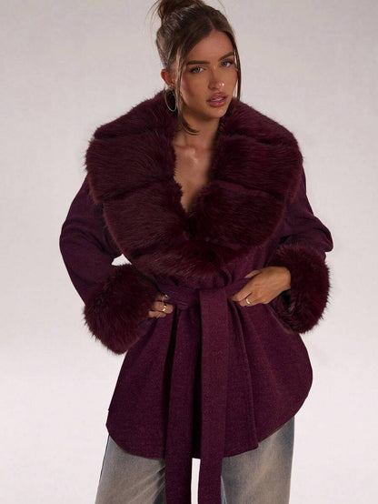 Faux Fur Patchwork Overcoat – Women's Belted Winter Wrap Coat – Coffee Brown
