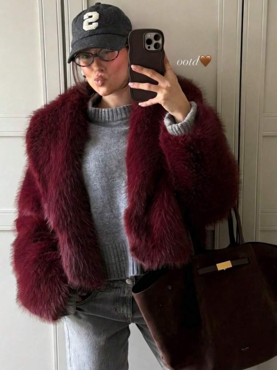 Faux Fur Collar Jacket – Women's Winter Coat – Date Brown Casual Outerwear