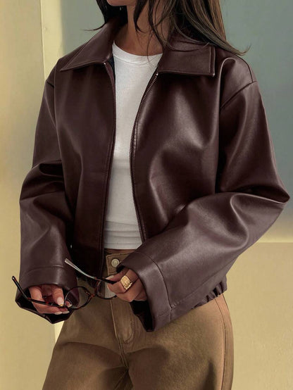 Oversized Faux Leather Jacket – Women – Casual Autumn Winter Coat