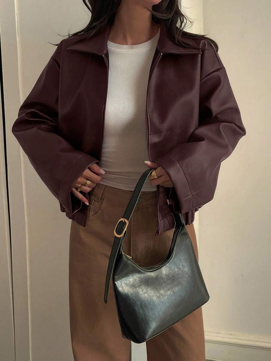 Oversized Faux Leather Jacket – Women – Casual Autumn Winter Coat