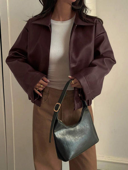 Oversized Faux Leather Jacket – Women – Casual Autumn Winter Coat