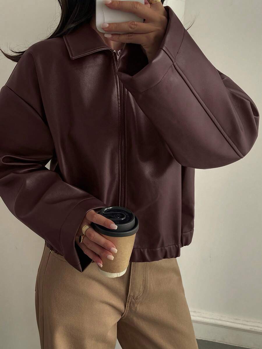 Oversized Faux Leather Jacket – Women – Casual Autumn Winter Coat