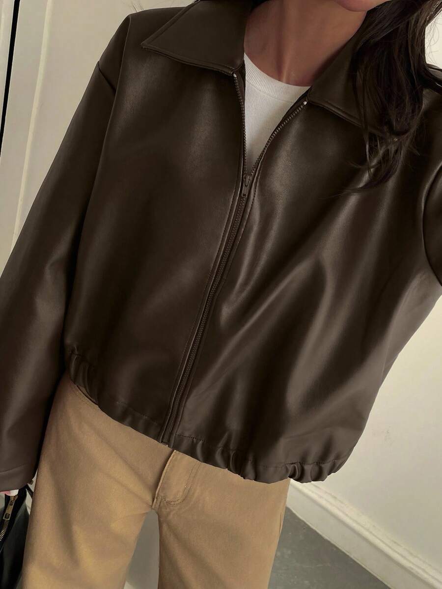 Oversized Faux Leather Jacket – Women – Casual Autumn Winter Coat