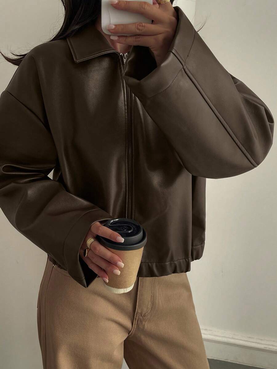 Oversized Faux Leather Jacket – Women – Casual Autumn Winter Coat