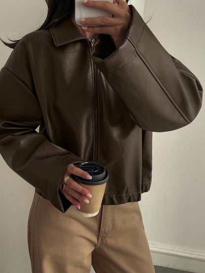 Oversized Faux Leather Jacket – Women – Casual Autumn Winter Coat
