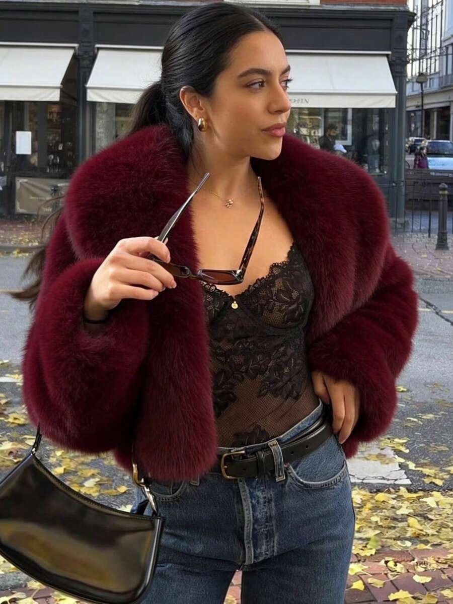 Faux Fur Collar Jacket – Women's Winter Coat – Date Brown Casual Outerwear