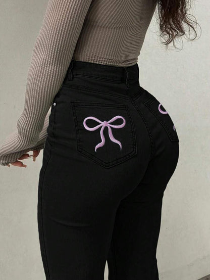 Women Y2K Flare Jeans – High Waist Stretch Denim – Embroidered Bow Slim Fit