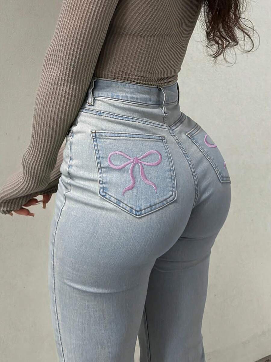 Women Y2K Flare Jeans – High Waist Stretch Denim – Embroidered Bow Slim Fit