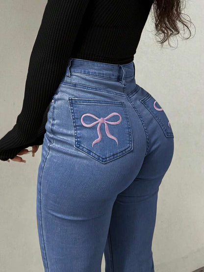 Women Y2K Flare Jeans – High Waist Stretch Denim – Embroidered Bow Slim Fit
