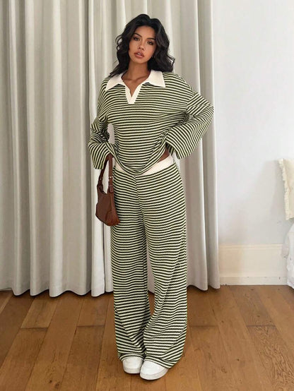 Striped Oversized Lounge Set – V-neck – 2 Piece Knit Outfit