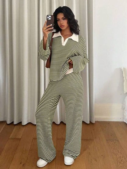 Striped Oversized Lounge Set – V-neck – 2 Piece Knit Outfit